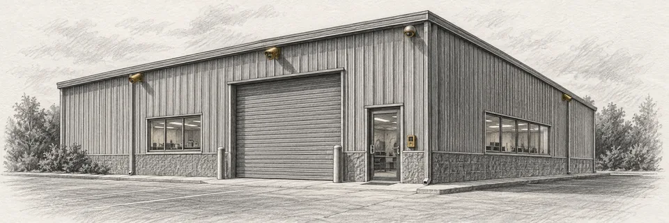 Graphite pencil drawing of a warehouse with wall cameras and a card reader at the glass door