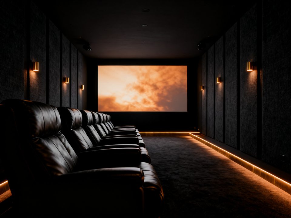 Private home cinema with leather recliners and a glowing screen