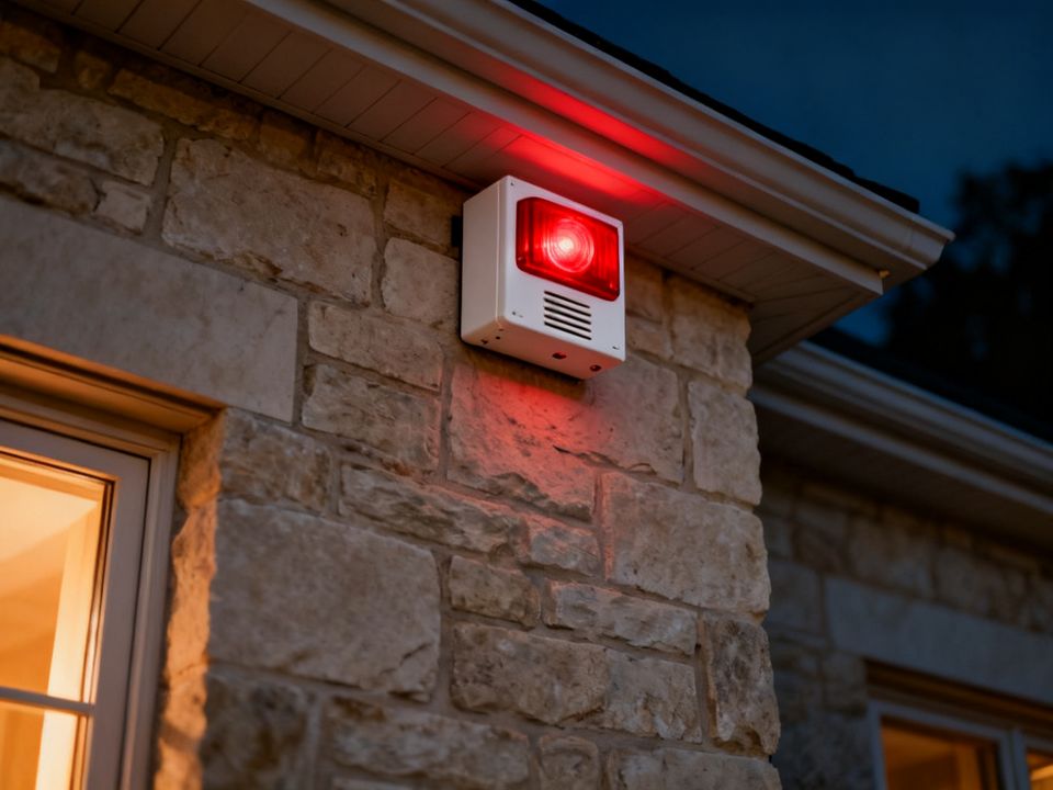 Alarm siren and strobe glowing red on the front of a house