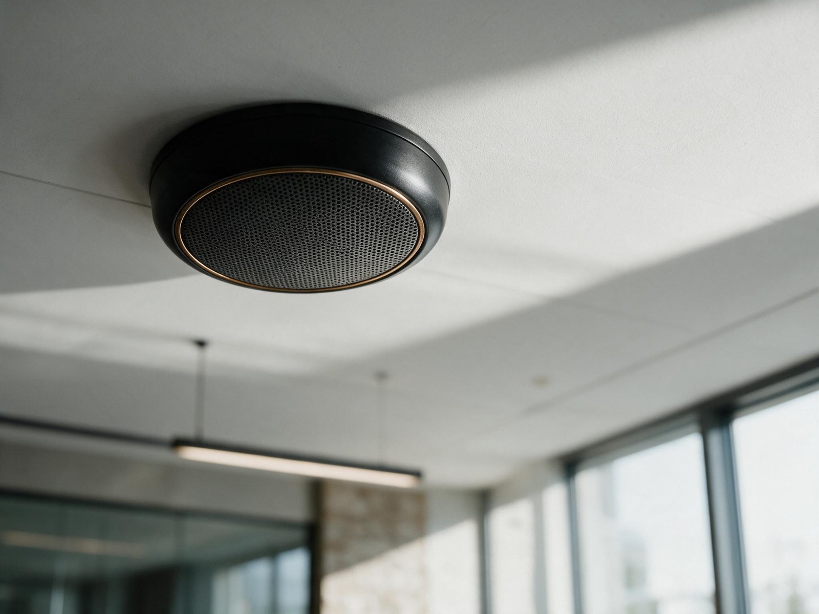 Ceiling PA speaker in a modern office lobby
